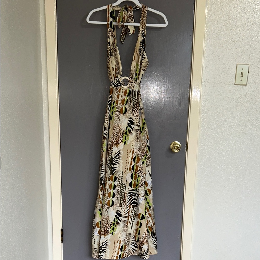 Live 4 Truth Halter Maxi Dress in Beige, Brown & Green Animal Print XL